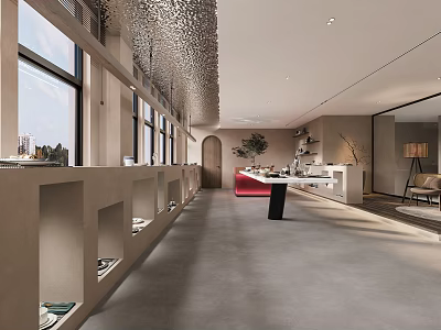 Modern Reception Area Interior Design With Grey Floor Built-in Shelves Red Counter And Ceiling Decor 3d model