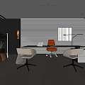 Modern Office Interior Design With Black Desk Beige Chair White Chairs Green Plant And Painting