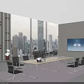 Modern Office Conference Table With Black Chairs Large Windows And City Skyline View Wall Mounted TV Screen