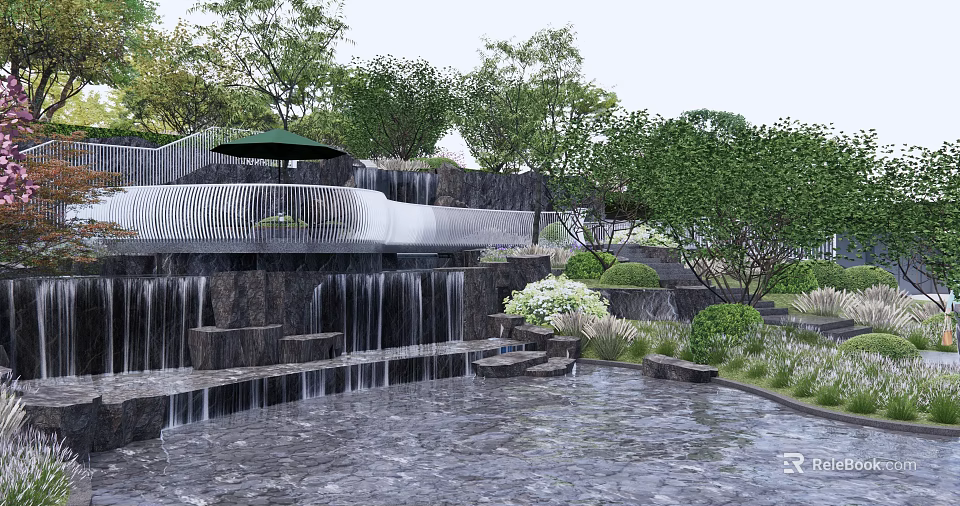 Scenic Park Landscape Featuring Stepped Waterfalls Lush Green Trees Shrubs And Green Umbrella 3d model 