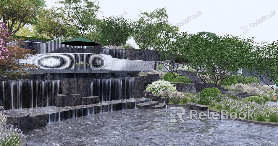 Modern park rockery stack water park waterfall railing height difference landscape model