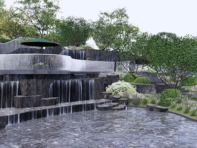Scenic Park Landscape Featuring Stepped Waterfalls Lush Green Trees Shrubs And Green Umbrella 3d model