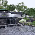 Scenic Park Landscape Featuring Stepped Waterfalls Lush Green Trees Shrubs And Green Umbrella