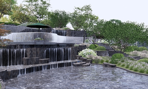 Modern park rockery stack water park waterfall railing height difference landscape 3d model