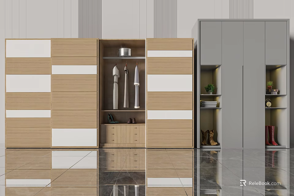 Modern Wooden Wardrobe With White Panels Interior Hanging Space Drawers Open Shelves And Shoes 3d model 