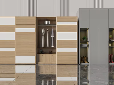 Modern Wooden Wardrobe With White Panels Interior Hanging Space Drawers Open Shelves And Shoes 3d model