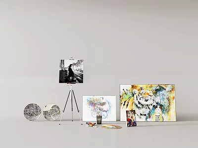 Creative Art Display With Easel Black White Painting Colorful Tiger Artworks And Decorative Plates 3d model