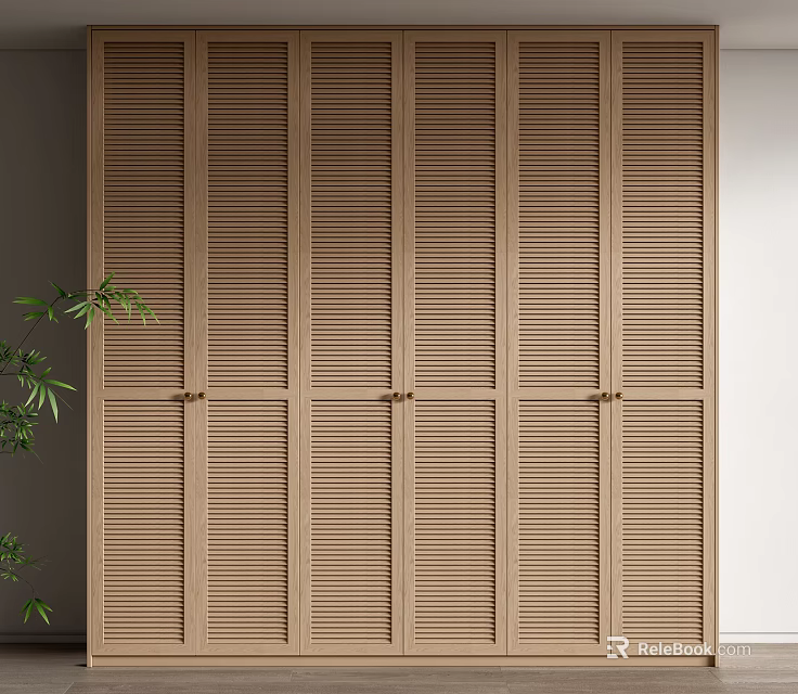 Elegant Modern Wooden Wardrobe with Louvered Doors Light Wood Tone and Minimalist Design 3d model 