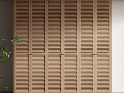 Elegant Modern Wooden Wardrobe with Louvered Doors Light Wood Tone and Minimalist Design 3d model