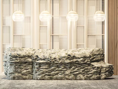 Modern Hotel Lobby Interior With Textured Sofa Pendant Lights And Wooden Lattice Wall 3d model