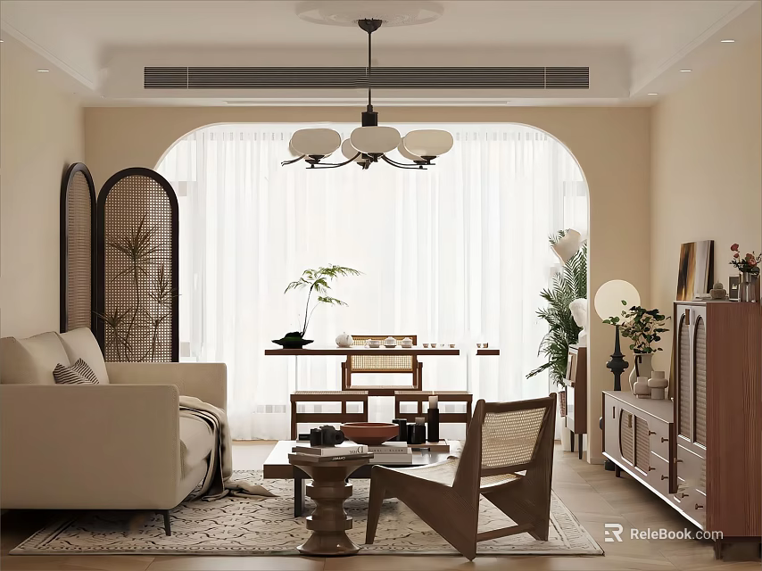 Cozy Modern Living And Dining Room Interior With Sofa Coffee Table And Chandelier 3d model 