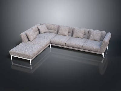 Modern L Shaped Gray Fabric Sofa With Multiple Cushions And Metal Legs Design 3d model