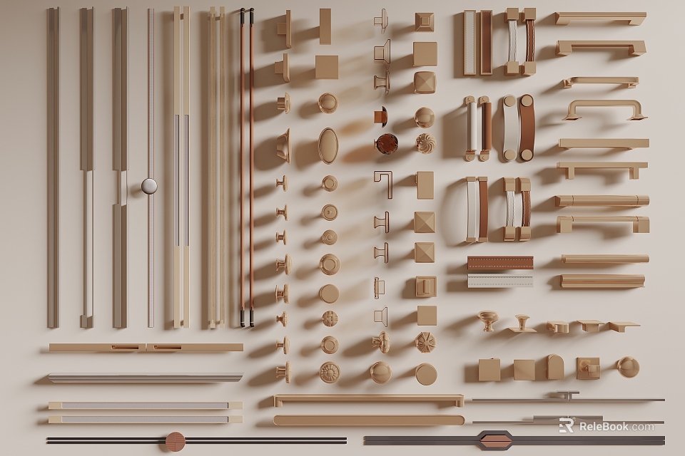 Various Stylish Furniture Handles with Different Shapes and Materials for Cabinets and Drawers 3d model 
