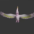 White Cockatoo With Yellow Crest And Wing Edges Spread Wings On Black Surface With Reflection