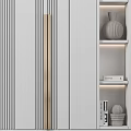 Modern Luxury White Vertical Striped Cabinet With Gold Handles And Bookshelf Decorative Items