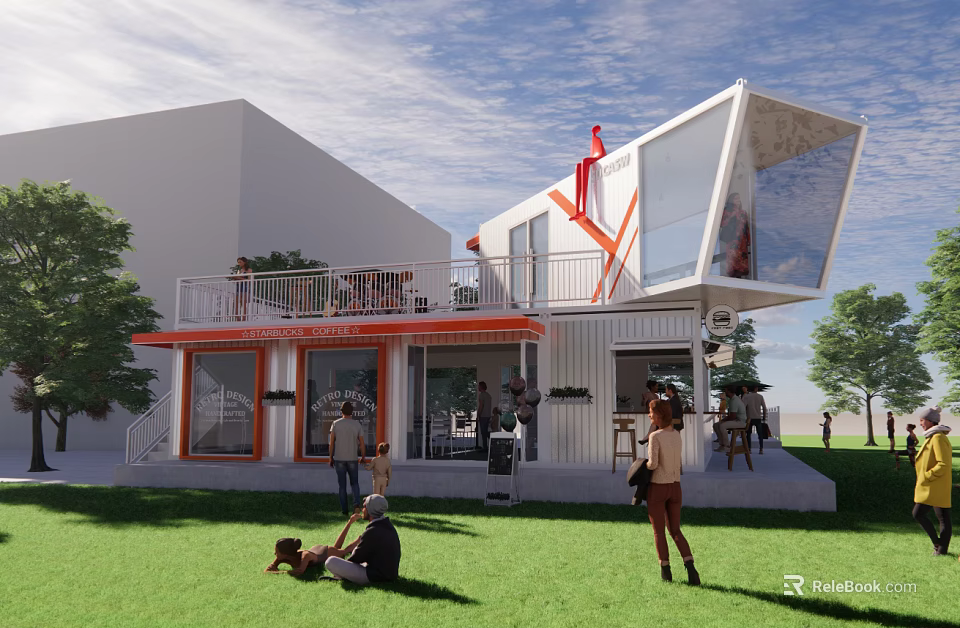 Modern Container Building With Large Glass Windows Balcony And Outdoor Gathering Space 3d model 