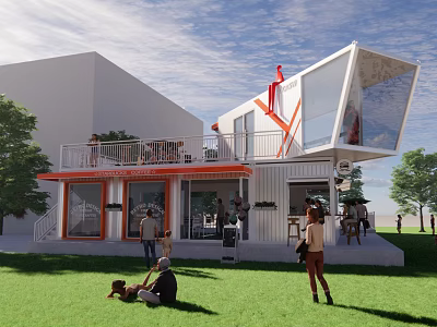 Modern Container Building With Large Glass Windows Balcony And Outdoor Gathering Space 3d model