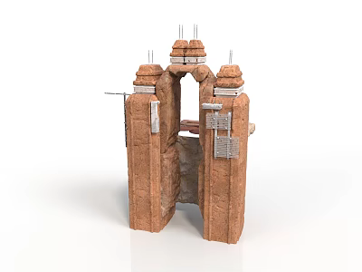 Red Brick Building Component With Symmetric Columns Arched Opening Metal Rods And Brackets 3d model
