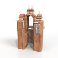 Red Brick Building Component With Symmetric Columns Arched Opening Metal Rods And Brackets