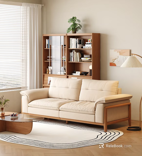 Modern Minimalist Beige Sofa And Wooden Coffee Table Set With Bookshelf Plant And Window 3d model 