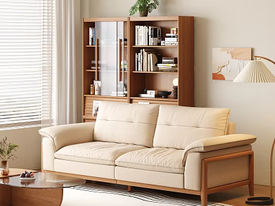 Modern Minimalist Beige Sofa And Wooden Coffee Table Set With Bookshelf Plant And Window 3d model