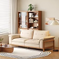 Modern Minimalist Beige Sofa And Wooden Coffee Table Set With Bookshelf Plant And Window