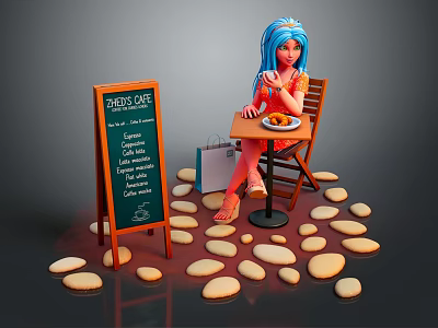 Game Movie Character With Blue Hair Sitting On Chair By Menu Chalkboard And Pebble Stones 3d model