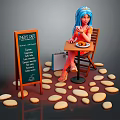 Game Movie Character With Blue Hair Sitting On Chair By Menu Chalkboard And Pebble Stones