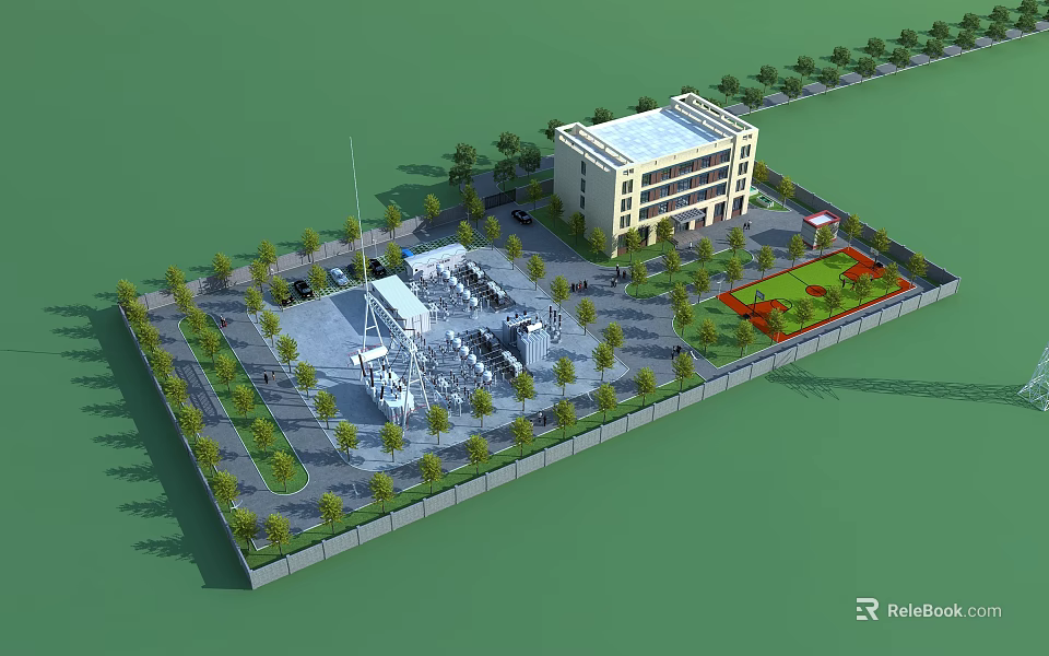 Industrial Factory Multi Story Building Surrounded by Trees Open Area and Facilities Layout 3d model 
