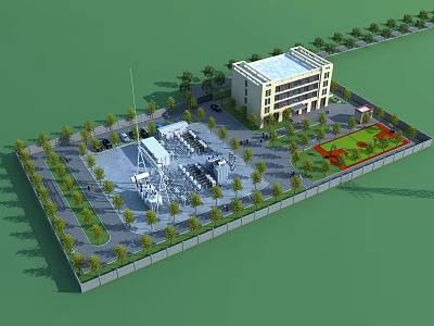 Industrial Factory Multi Story Building Surrounded by Trees Open Area and Facilities Layout 3d model