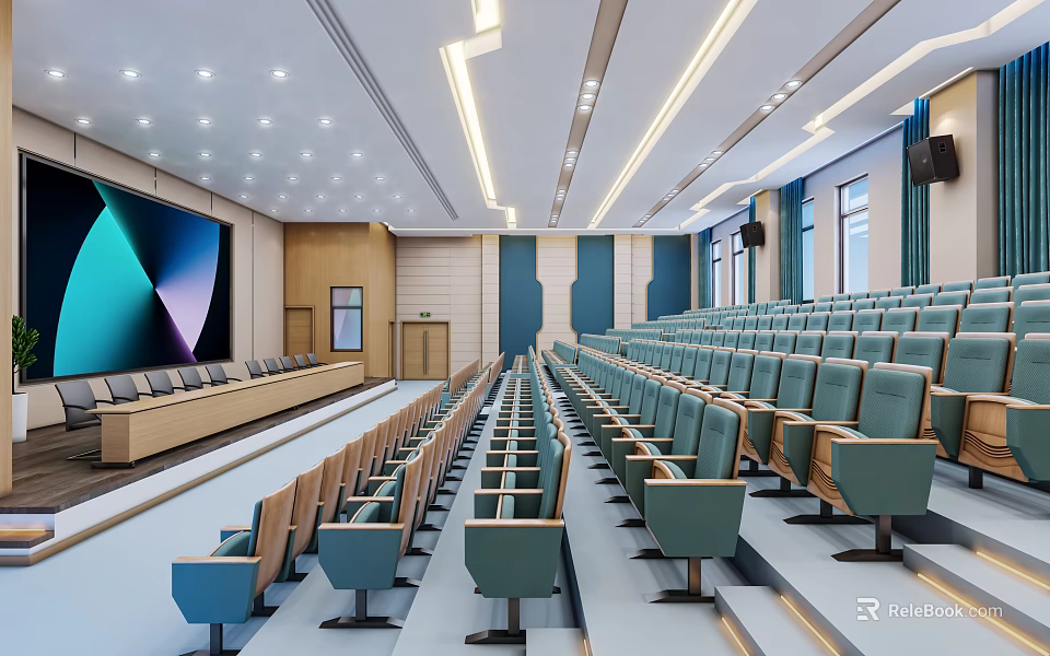 Spacious Conference Room Interior With Rows of Green Chairs Large LED Screen And Ceiling Lighting 3d model 