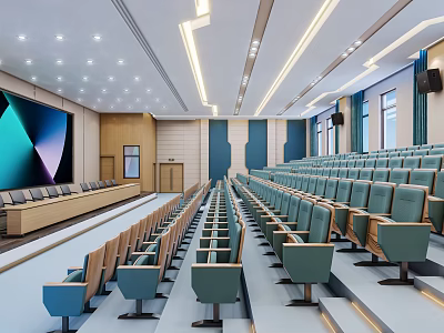 Spacious Conference Room Interior With Rows of Green Chairs Large LED Screen And Ceiling Lighting 3d model