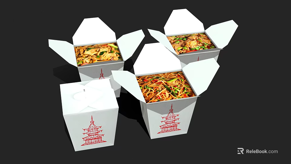 Delicious Noodles with Vegetables in Open Takeout Boxes Featuring Red Pagoda Design on White Containers 3d model 
