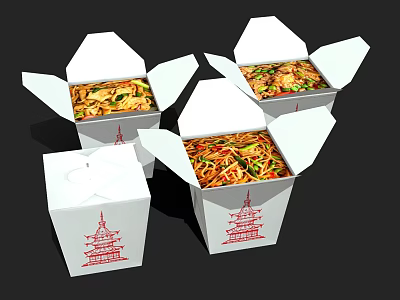 Delicious Noodles with Vegetables in Open Takeout Boxes Featuring Red Pagoda Design on White Containers 3d model
