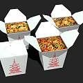 Delicious Noodles with Vegetables in Open Takeout Boxes Featuring Red Pagoda Design on White Containers