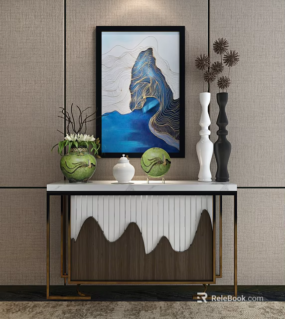Modern Console Table Side Cabinet With Marble Top Decorative Vases And Artwork 3d model