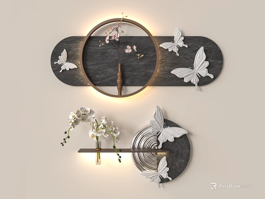 Chic Modern Wall Decor With Butterfly Accents Circular Lighting And Floral Details 3d model 