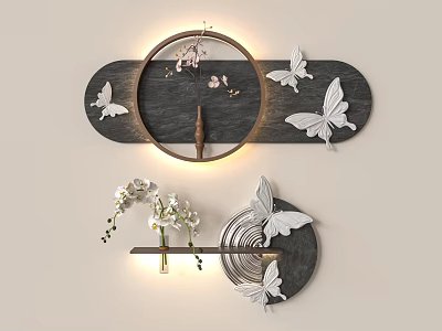 Chic Modern Wall Decor With Butterfly Accents Circular Lighting And Floral Details 3d model