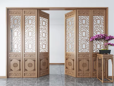 Chinese Wooden Screen With Lattice Carved Patterns Symmetric Design And Purple Flowers On Side Table 3d model