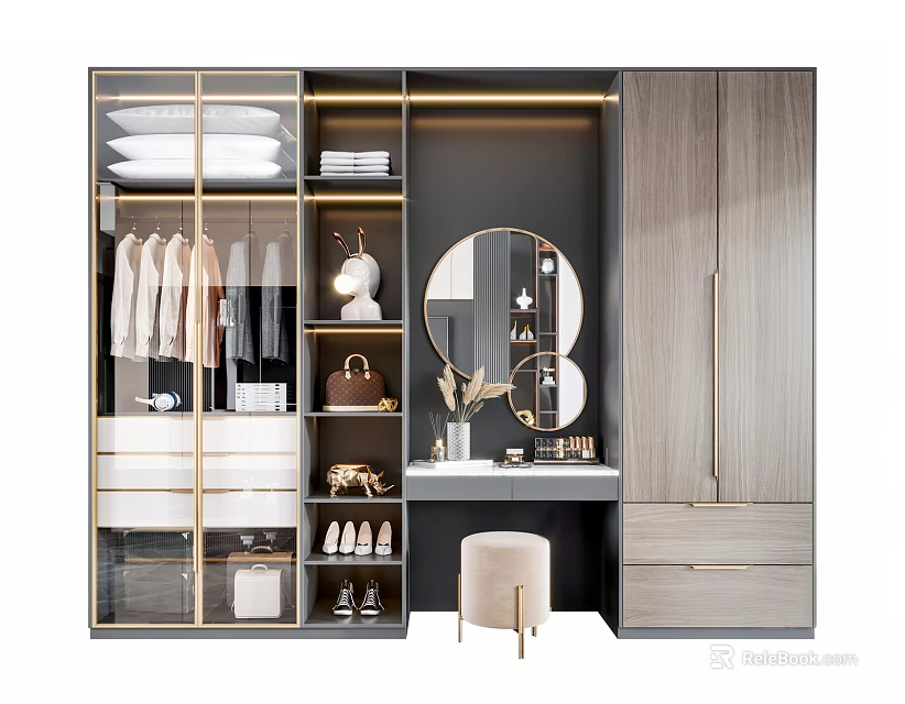 Modern Wardrobe Design With Glass Doors Storage System And Dressing Table Mirror Stool 3d model