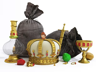 Exquisite Jewelry Display Featuring Gold Crown Gemstone Ring And Colorful Gems 3d model