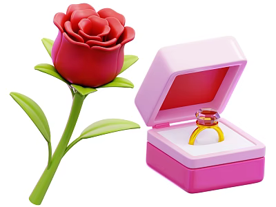 Delicate Home Decor Ornament Set With Red Rose Pink Open Jewelry Box And Gold Ring 3d model