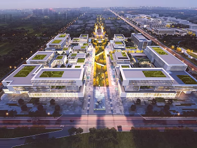 Modern Industrial Factory Complex Aerial View With Green Roofs and Night Lighting 3d model