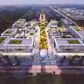 Modern Industrial Factory Complex Aerial View With Green Roofs and Night Lighting