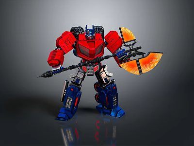 Red Blue Game Movie Character Robot Holding Orange Blade Weapon Standing 3d model
