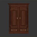 Red Wooden Cabinet With Carved Details Golden Handles And Bottom Drawers