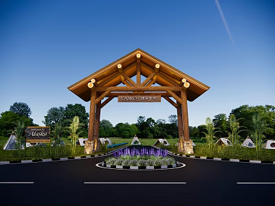 Arched Wooden Entrance Gate Of Travel Village With Green Plants And Lighting 3d model