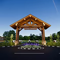 Arched Wooden Entrance Gate Of Travel Village With Green Plants And Lighting