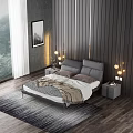 Modern Double Bed with Wooden Striped Headboard Pendant Lights and Minimalist Nightstand in Elegant Bedroom