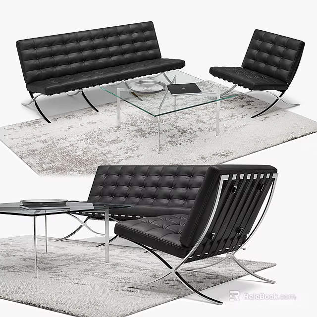 Modern Black Leather Sofa And Glass Coffee Table Set With Metal Frame And Area Rug 3d model 